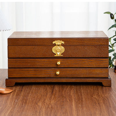 Buddha Stones Retro Wooden Jewelry Box Three-Layer Jewelry Storage Box Jewelry Box BS 9