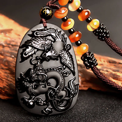 Buddha Stones Black Obsidian Tiger Eye Dragon Phoenix Protection Beaded Necklace Pendant Necklaces & Pendants BS 2