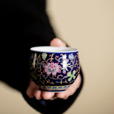 Buddha Stones Lotus Flower Pod Pattern Ceramic Teacup Kung Fu Tea Cup 80ml Cup BS Navy Blue Lotus Cup 6.3cm*4.8cm*80ml