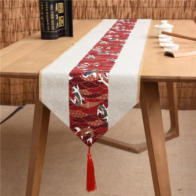 Buddha Stones Classic Chinese Style Lotus Koi Fish Flower Crane Calligraphy Enlightenment Cotton Linen Tassels Table Runner Table Runner BS Beige Red Koi Fish 30*180cm
