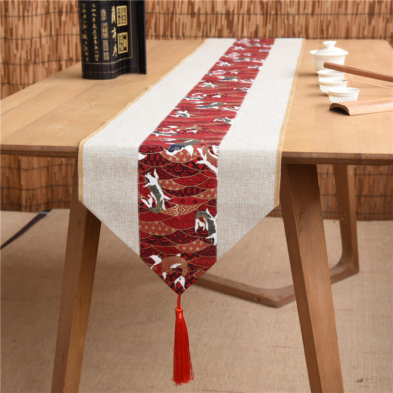 Buddha Stones Classic Chinese Style Lotus Koi Fish Flower Crane Calligraphy Enlightenment Cotton Linen Tassels Table Runner Table Runner BS Beige Red Koi Fish 30*180cm