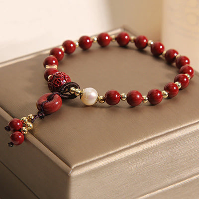 Buddha Stones Natural Cinnabar Peace Buckle Copper Coin Charm Blessing Bracelet Bracelet BS 6