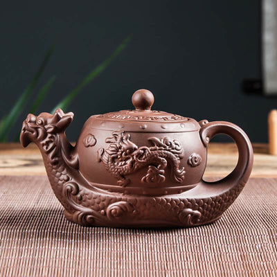 Foviel Vintage Dragon Auspicious Clouds Purple Clay Ceramic Teapot
