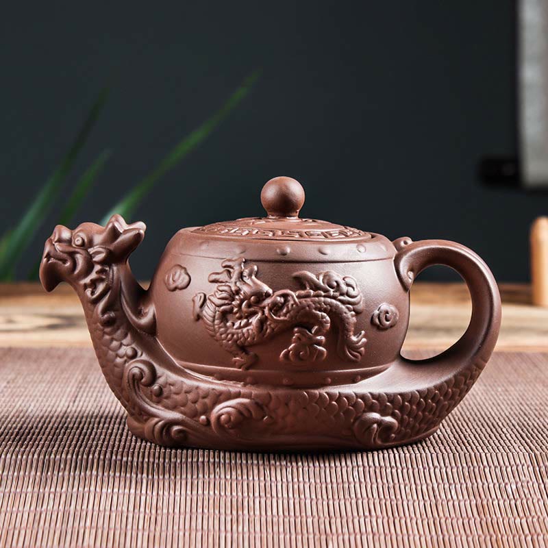 Foviel Vintage Dragon Auspicious Clouds Purple Clay Ceramic Teapot