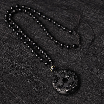 Buddha Stones Black Obsidian Dragon Phoenix Mandarin Duck Luck Protection Necklace Pendant Necklaces & Pendants BS 7