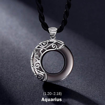 Buddha Stones 12 Constellations of the Zodiac Ice Obsidian Blessing Round Pendant Necklace - Aquarius - Rope - image 21