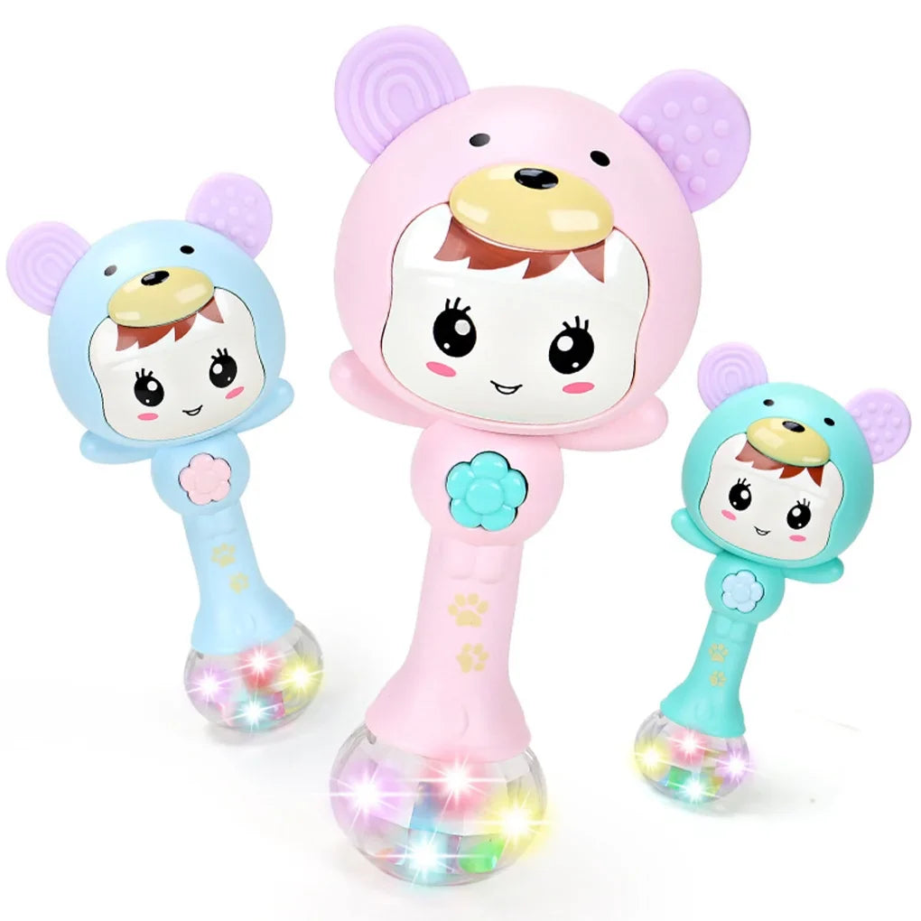 Fidtoy Light Up Musical Baby Rattle Teether Toy – Pink Sensory Rattle with Lights, Sounds, Teething Ears, and Early Development Play