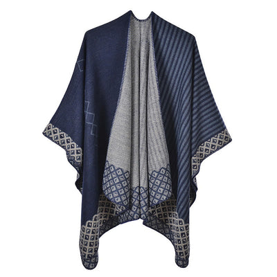Buddha Stones Tibetan Shawl Striped Diamond Pattern Winter Warm Soft Scarf Tibetan Shawl BS Navy Blue Gray