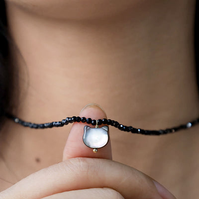 Buddha Stones Black Spinel Cute Cat Motivate Choker Necklace Bracelet Necklaces & Pendants BS 9