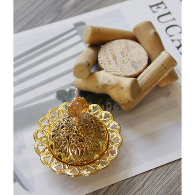 Buddha Stones Gold Alloy Healing Mini Incense Burner With Wooden Coaster Home Decor Incense Burner BS 6