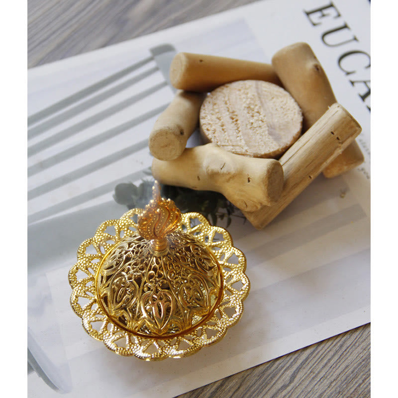 Buddha Stones Gold Alloy Healing Mini Incense Burner With Wooden Coaster Home Decor Incense Burner BS 6
