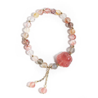 Buddha Stones Natural Strawberry Quartz Cat Paw Claw Colorful Rutilated Quartz Moonstone Love Bracelet Bracelet BS 6