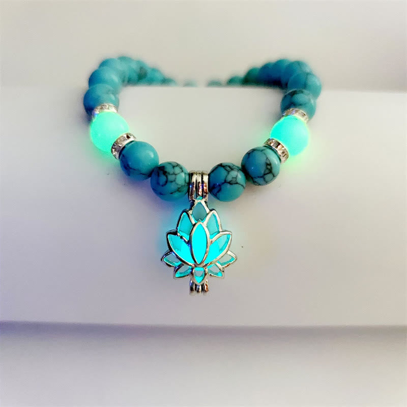 Buddha Stones Tibetan Turquoise Glowstone Luminous Bead Lotus Protection Bracelet Bracelet BS Blue Turquoise Green Light