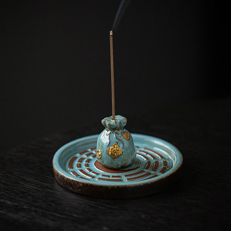 Buddha Stones Small Treasure Bowl Lucky Bag Bagua Tray Healing Ceramic Stick Incense Burner Decoration Incense Burner BS 21