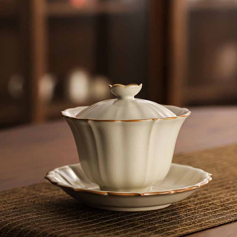 Buddha Stones Beige Plum Blossom Shape Peach Branch Ceramic Gaiwan Sancai Teacup Kung Fu Tea Cup With Lid Cup BS 6