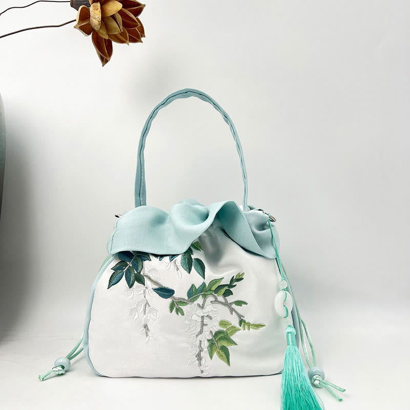 Buddha Stones Suzhou Embroidery Camellia Magnolia Peony Lotus Silk Tote Crossbody Bag Shoulder Bag Handbag Crossbody Bag BS Light Green Wisteria 20*20*7cm