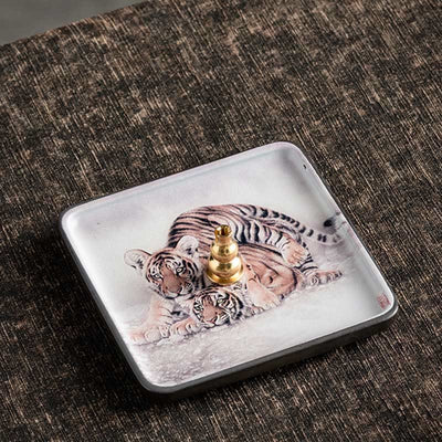 Buddha Stones Mountain Lake Flower Leaf Healing Ceramic Plate Tray Stick Incense Burner Decoration Incense Burner BS Tiger 10.2*10.2*1.2cm