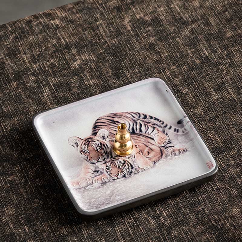 Buddha Stones Mountain Lake Flower Leaf Healing Ceramic Plate Tray Stick Incense Burner Decoration Incense Burner BS Tiger 10.2*10.2*1.2cm