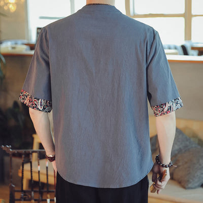 Buddha Stones Frog-Button Dragon Embroidery Chinese Tang Suit Short Sleeve Shirt Linen Men Clothing Men's Shirts BS 2