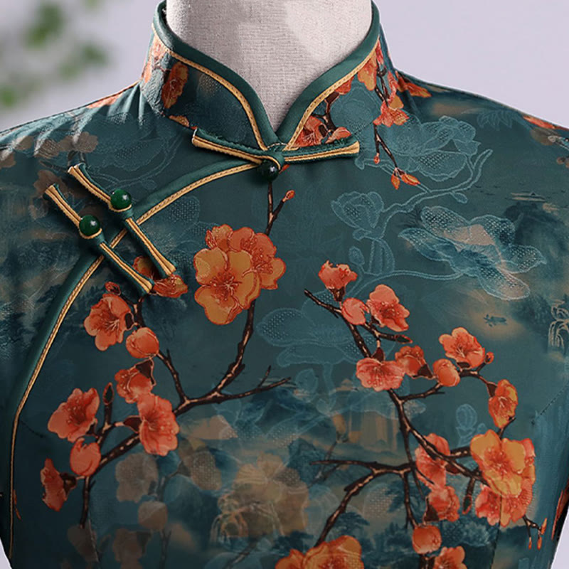 Buddha Stones Retro Flower Lotus Peony Feather Print Qipao Dress Women's Cheongsam Dress - image 7