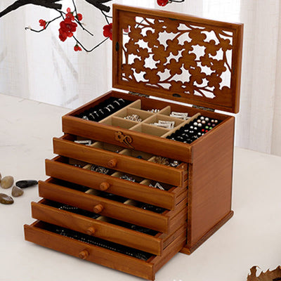 Buddha Stones Vintage Plum Blossom Carved Wooden Jewelry Box Six-Layer Jewelry Storage Box Jewelry Box BS 15