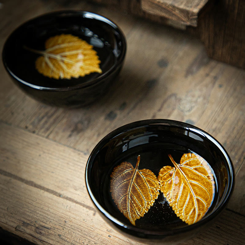 Buddha Stones Gold Maple Leaf Chinese Jianzhan Ceramic Teacup Tenmoku Kung Fu Tea Cup Bowl Jian Zhan Tea Cup BS 13