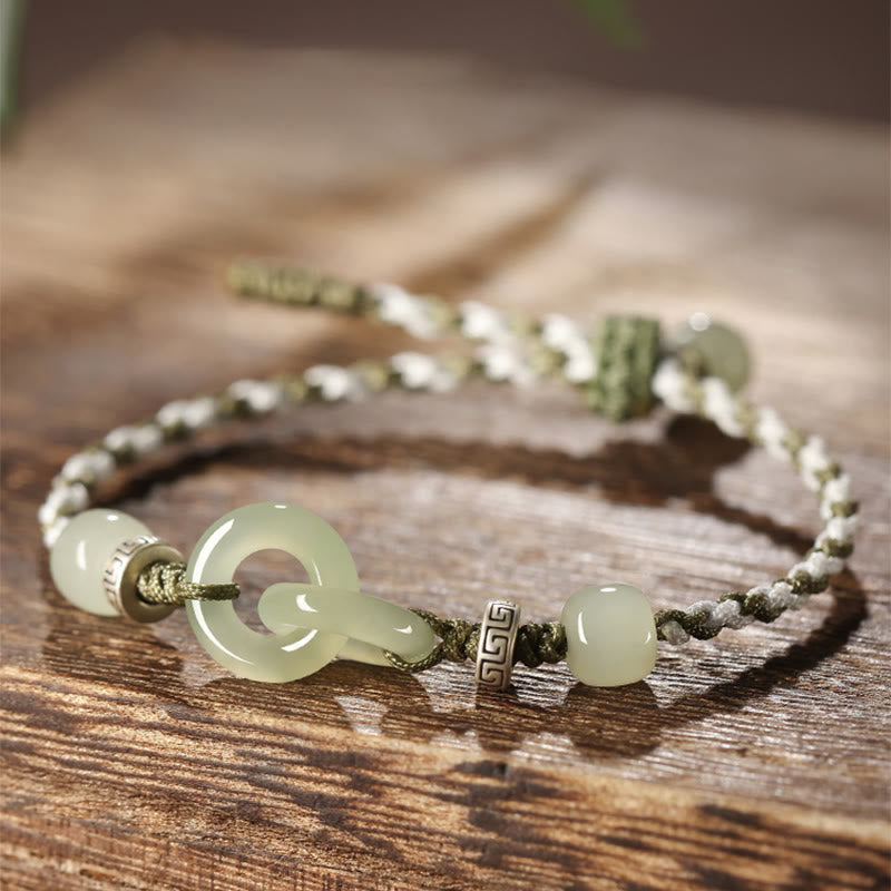 Buddha Stones Natural Hetian Jade Peace Buckle Luck Braided Bracelet Bracelet BS 20cm