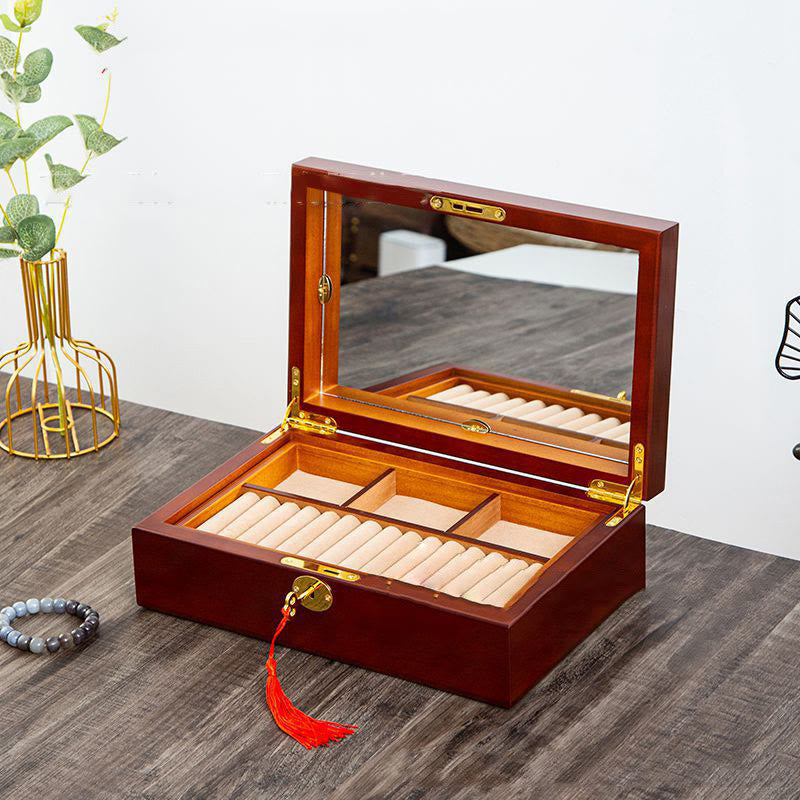 Buddha Stones Vintage Wooden Jewelry Box Two-Layer Solid Wood Jewelry Storage Box Jewelry Box BS Walnut Color-Mirror Style 29*19*9cm