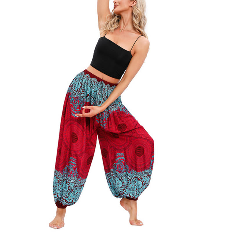 Buddha Stones Loose Circle-shaped Flowers Pattern Harem Trousers Women's Yoga Pants Women's Harem Pants BS 2