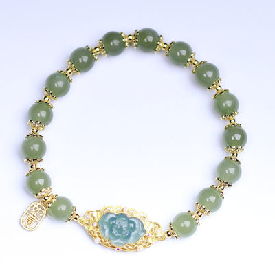 14K Gold Plated 925 Sterling Silver Hetian Jade Lotus Luck Bracelet Bracelet BS 3