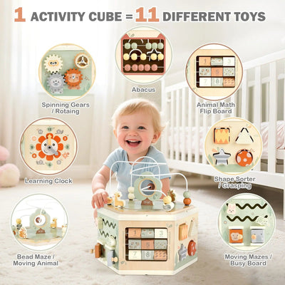 Fidtoy Wooden Activity Cube 11-in-1 Montessori Toy for Toddlers Learning Center 1-4 Years