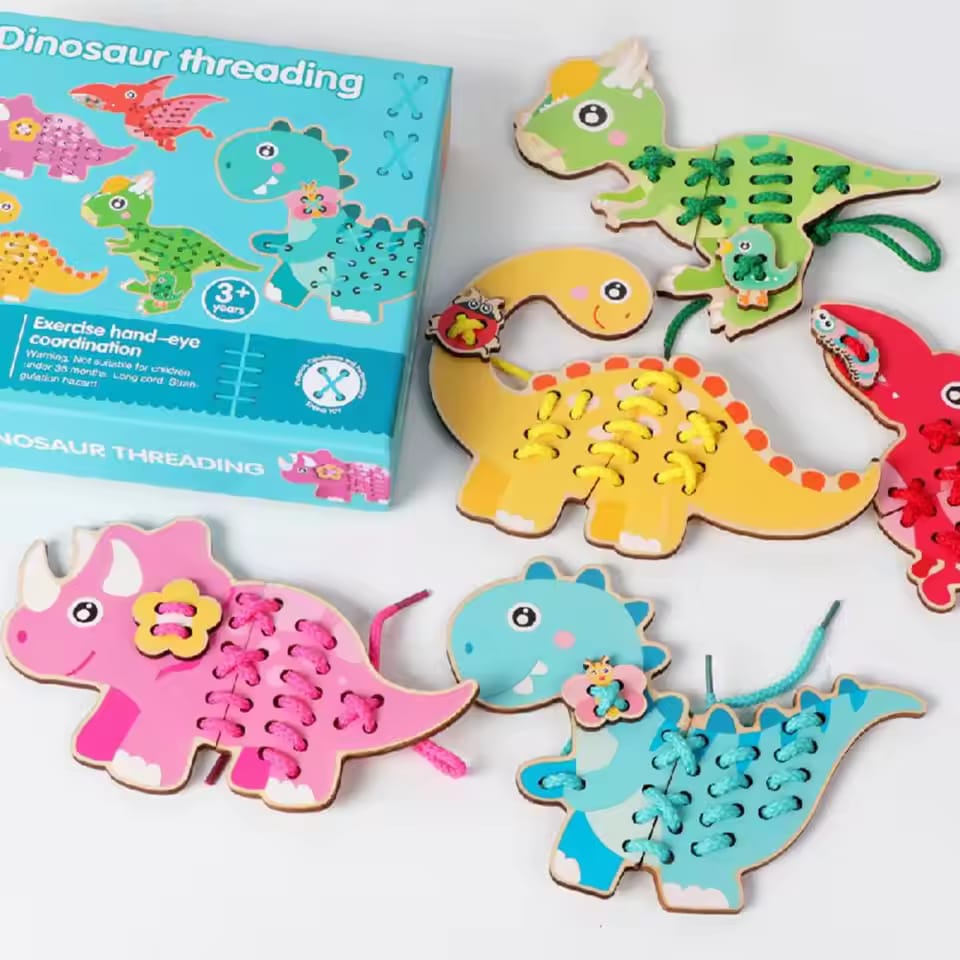 Fidtoy Wooden Dinosaur Threading Toy for Kids | Montessori Lacing Cards, Hand-Eye Coordination, Fine Motor Skills & Preschool Sewing Activity Toy Age 2-6