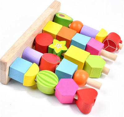 Fidtoy Wooden Montessori Fruits Sequence with Lacing Pattern 5-in-1 Bead Sorting Fine Motor Toy for Kids Ages 3+