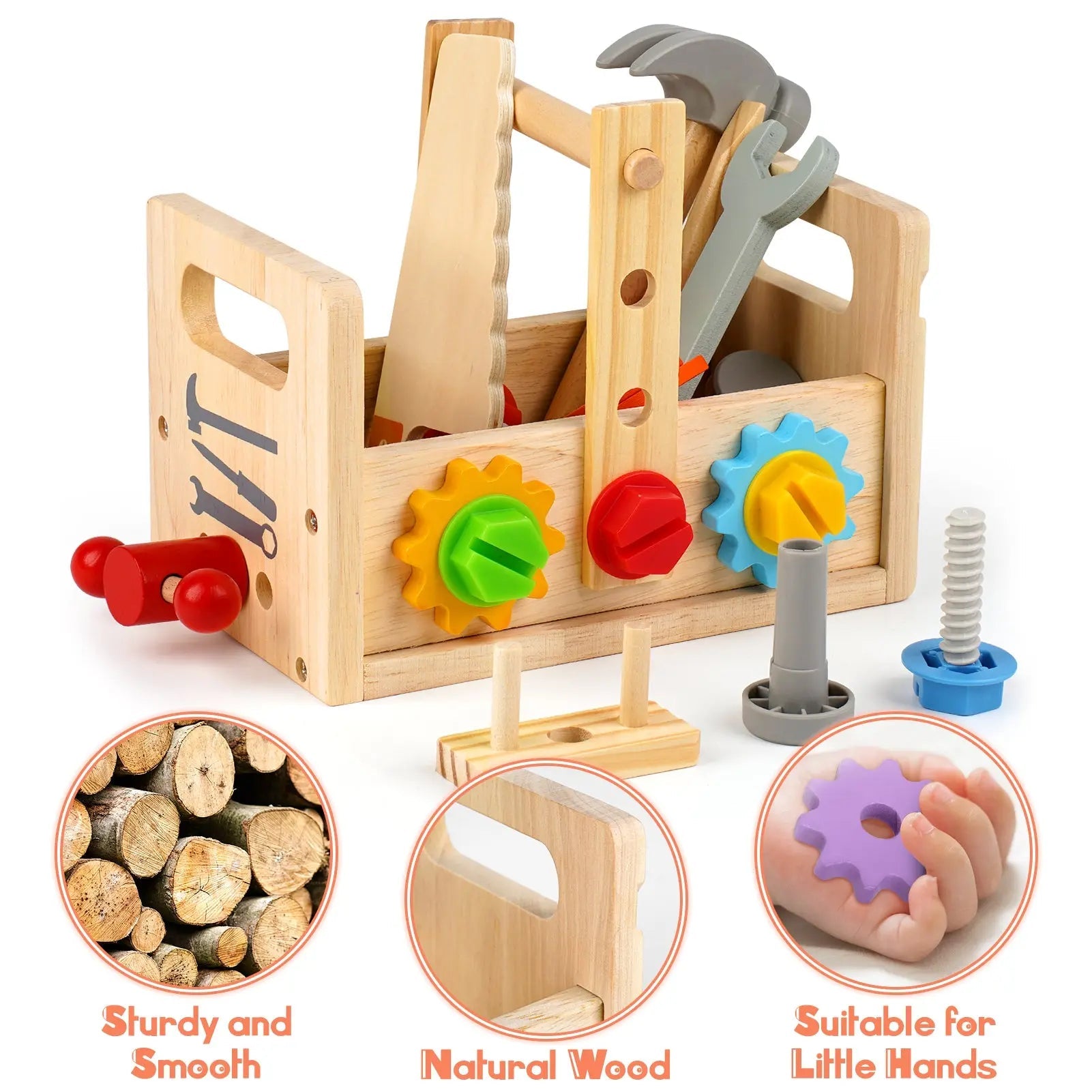 Fidtoy Wooden Tool Set for Kids 30 Piece Pretend Play Construction Toy for Toddlers