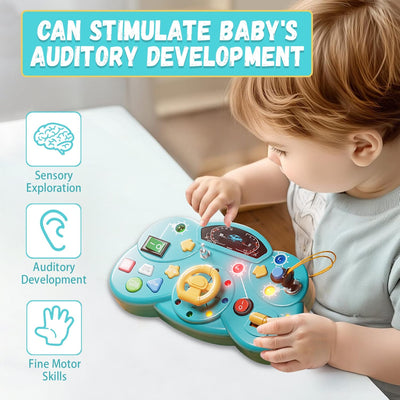 Fidtoy Busy Switch Light Car Console Board B50 for Toddlers – Interactive Steering Wheel Busy Board with LED Lights, Vehicle Sounds & Fine Motor Play