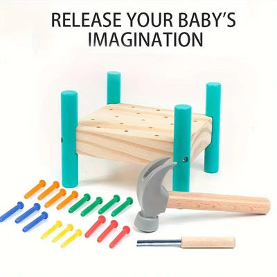 Fidtoy Interactive Nailing Wooden Table Activity Hammering Bench with Pegs and Hammer for Kids Fine Motor Play