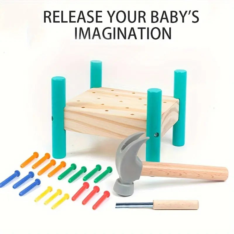 Fidtoy Interactive Nailing Wooden Table Activity Hammering Bench with Pegs and Hammer for Kids Fine Motor Play