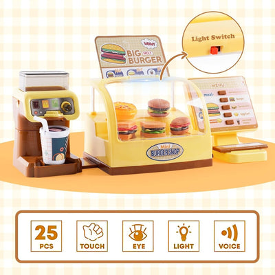 Fidtoy Counter Pretend Play Series Burger Shop for Kids, 25-Piece Pretend Kitchen Role Play Set, Educational Burger Shop Toy for Ages 3+