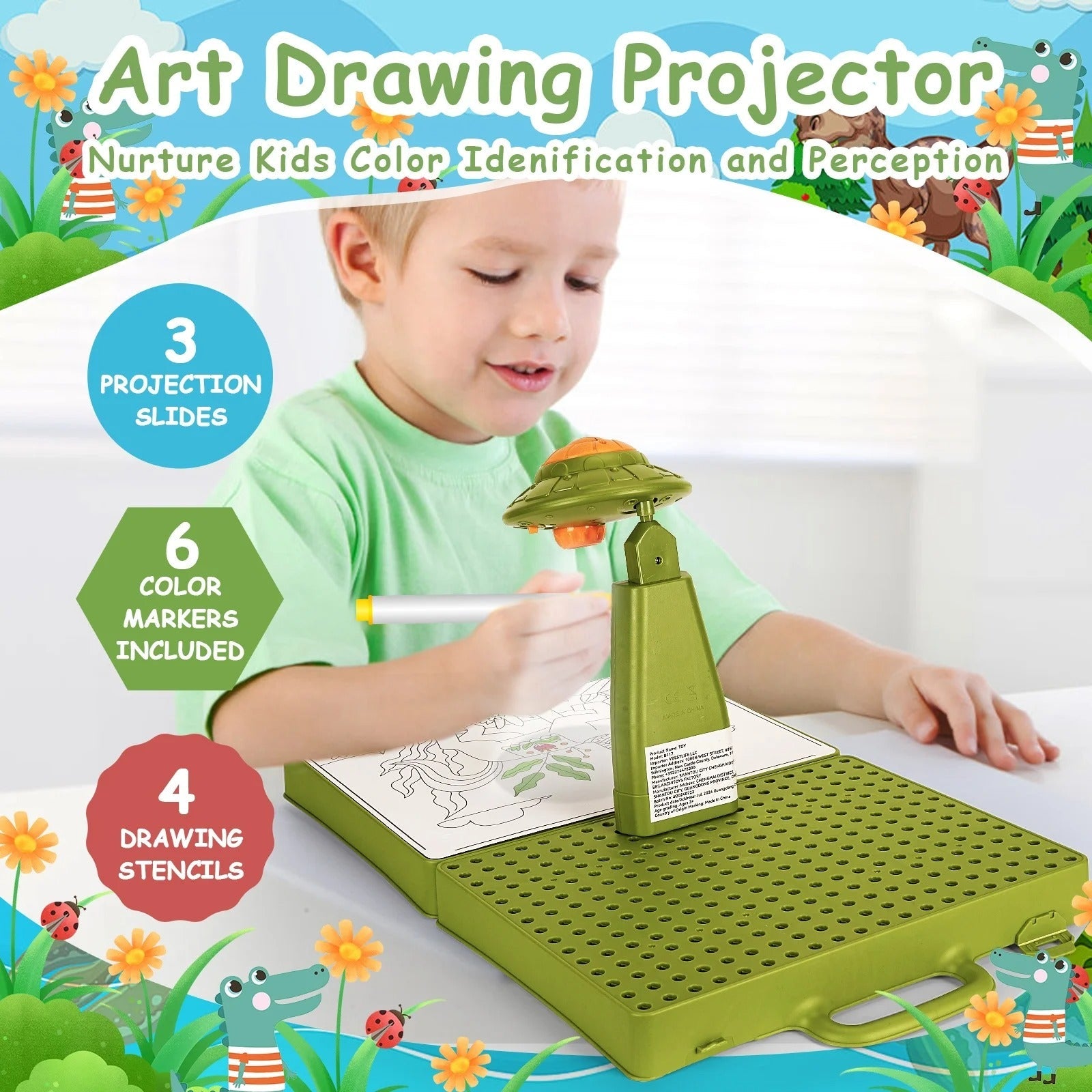Fidtoy Projecteur de Dessin 5 en 1 avec Figurine Dinosaure à Monter, Jouet Projecteur de Dessin pour Enfants avec Puzzle 3D, Montage à Vis, Stylos Colorés et Tableau Réutilisable Âge 5+
