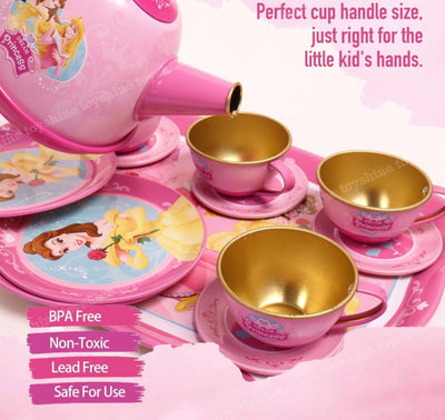 Fidtoy Metal Tea Party Set for Kids Pink Pretend Play Kitchen Tea Set with Teapot Cups Saucers and Tray