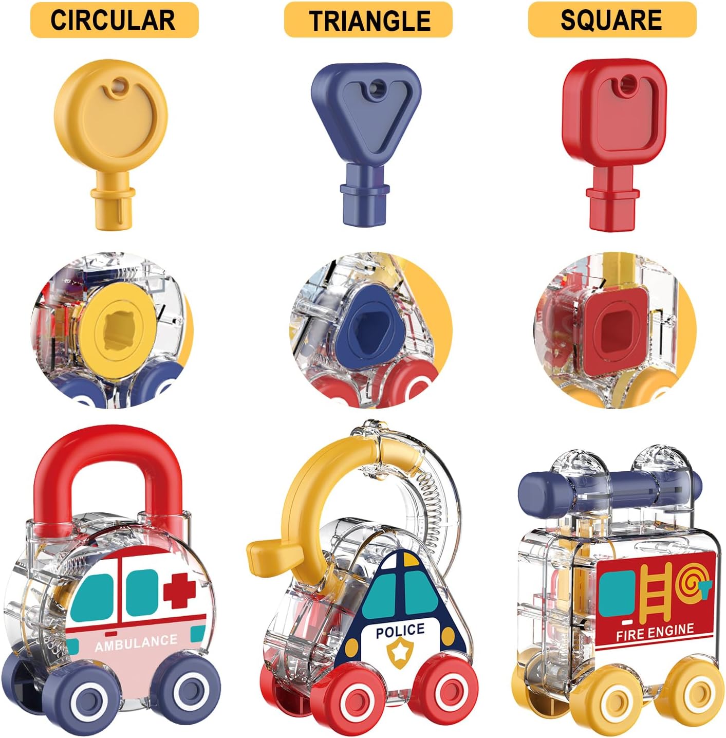 Fidtoy Transparent Transport and Shape Recognition Lock and Key Set 3 Pieces | Plastic Vehicle Unlocking Toy, Color Matching Cars, Fine Motor Skills, Shape Recognition & Pretend Rescue Play Age 3+