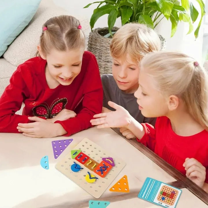 Fidtoy Wooden Rope Shape Lacing Pattern Kit Fine Motor Threading Toy for Kids Ages 3+