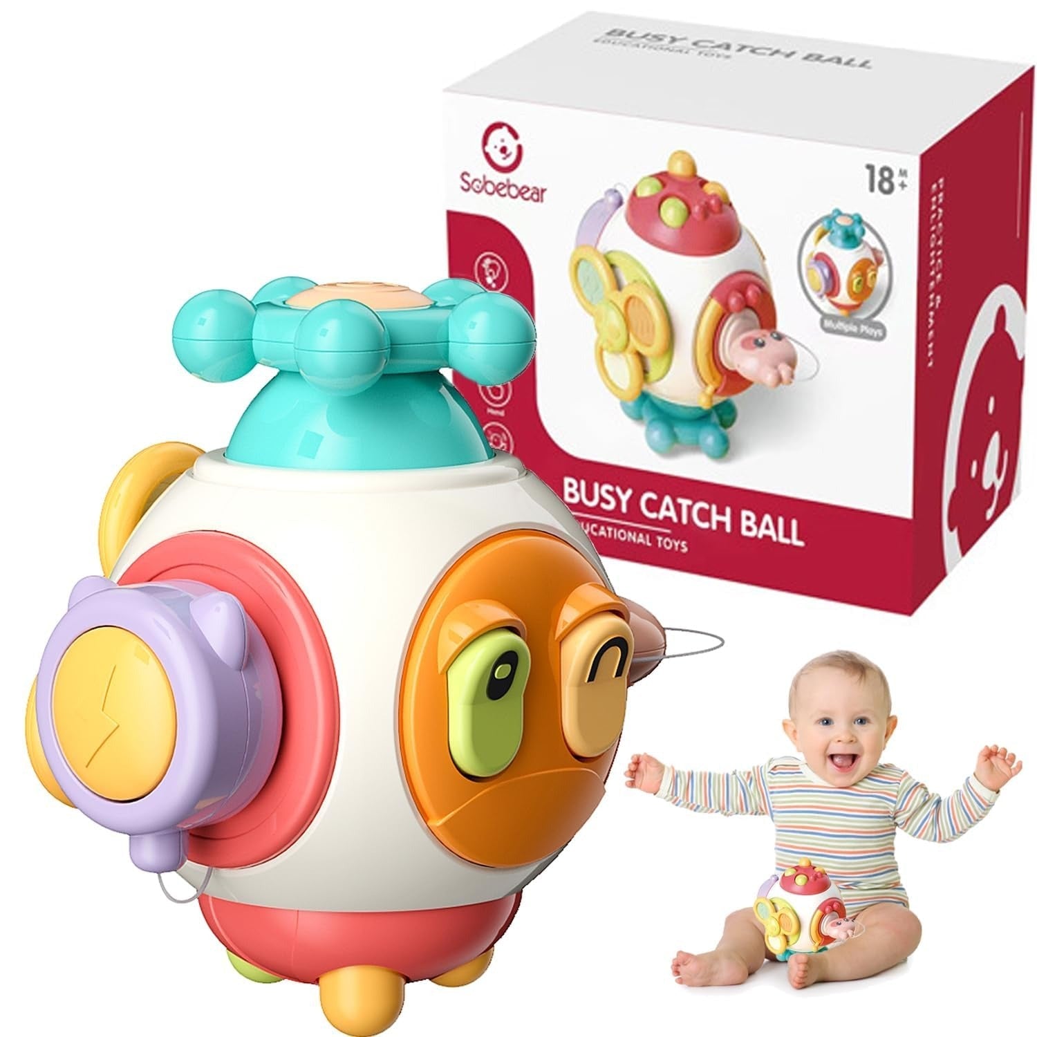 Fidtoy 6-in-1 Busy Catch Ball Activity Cube for Toddlers, Montessori Sensory Busy Cube with Switches, Plug, Rabbit Key, Fidget Spinner and Fine Motor Activities Age 18M+