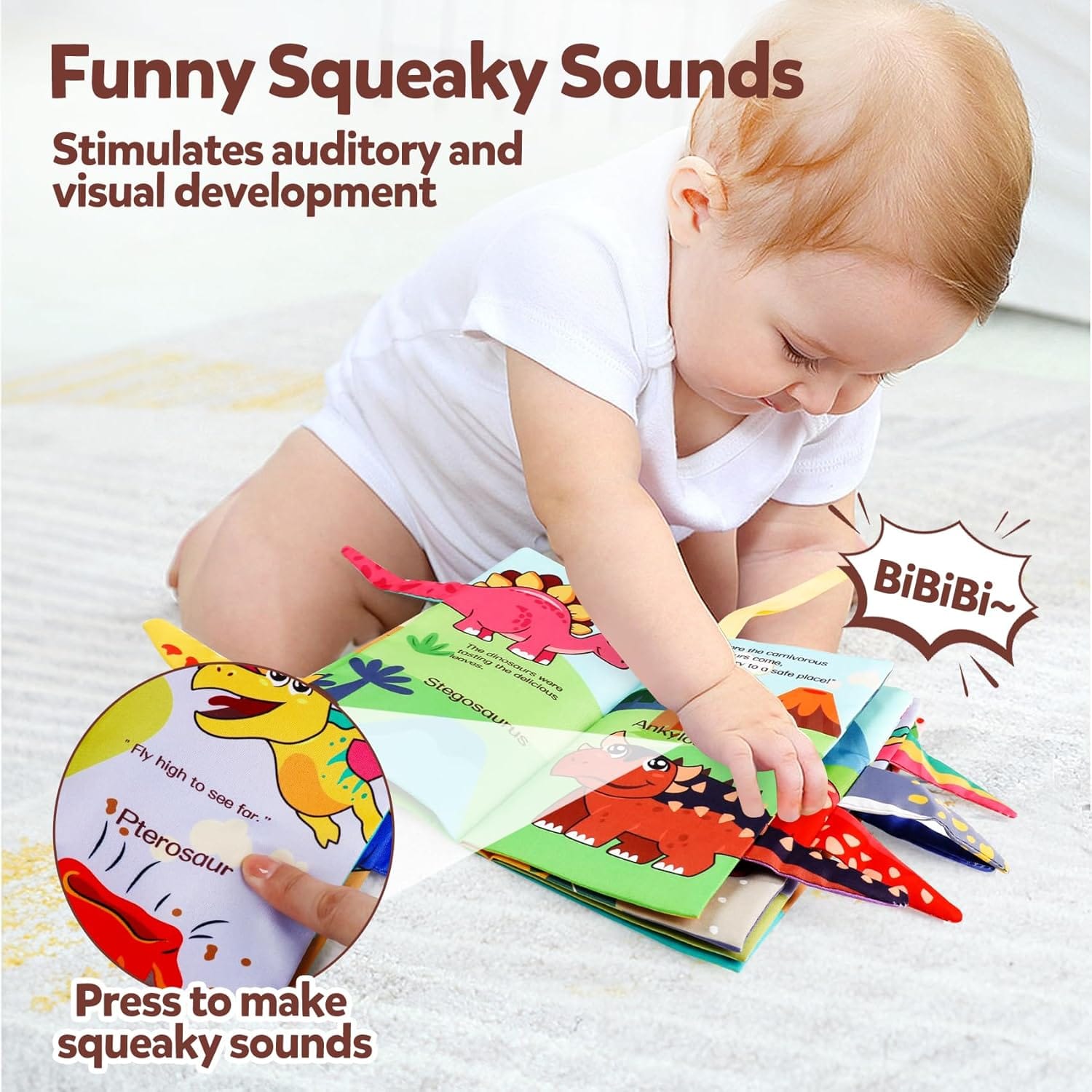 Fidtoy Baby Soft Dinosaur Learning Cloth Book Sensory Crinkle Baby Book with Textured Dinosaur Tails for Infants and Toddlers Ages 0-2
