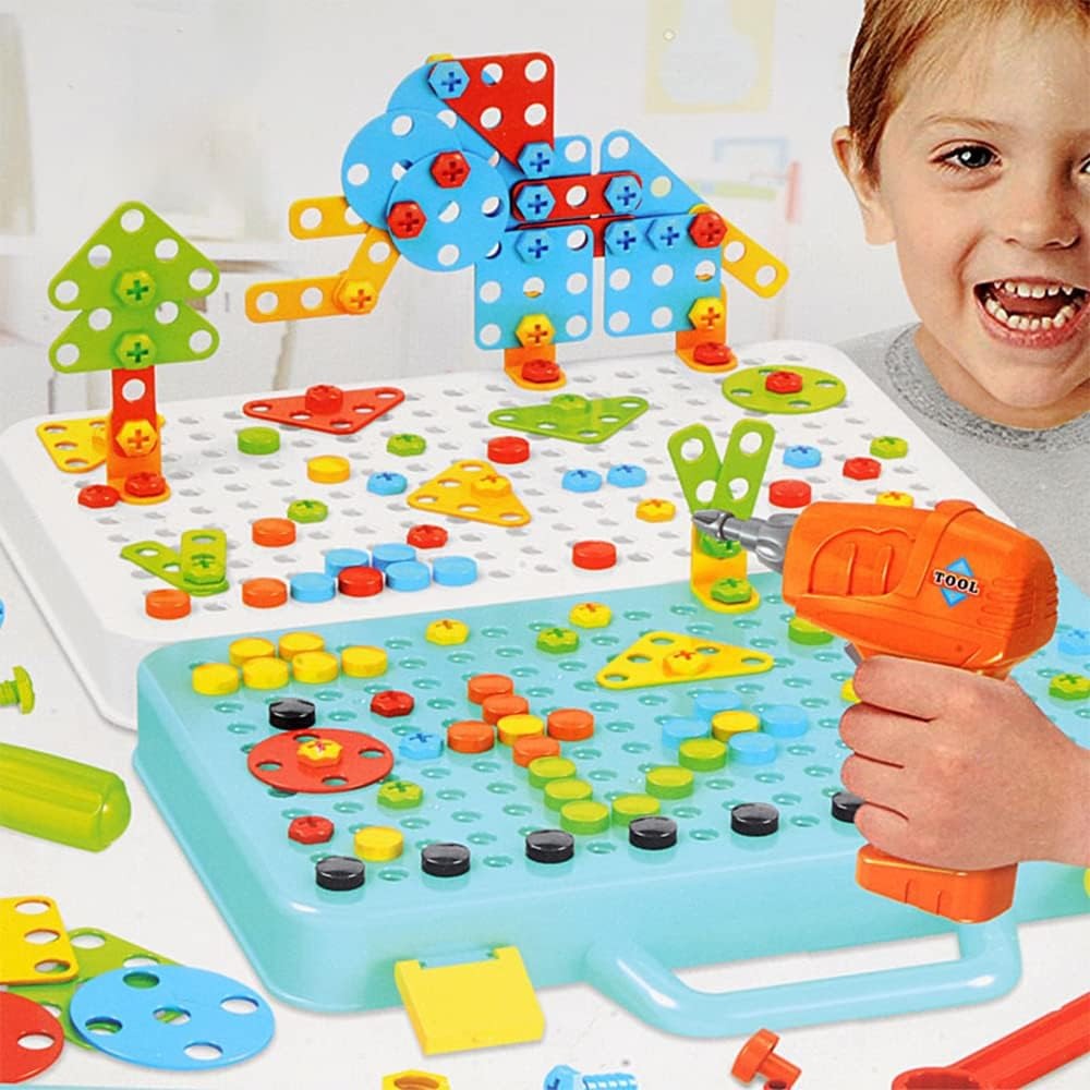 Fidtoy Coffret de jeu créatif de mosaïque à visser avec perceuse électrique pour enfants, 252 pièces, jouet de construction STEM avec perceuse électrique et vis colorées, 4-8 ans