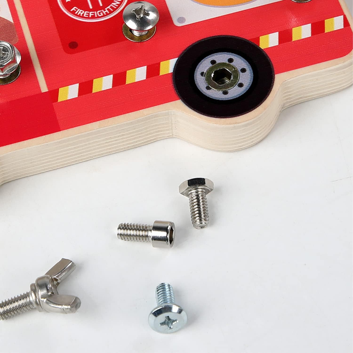 Fidtoy Wooden Montessori Disassembly Fire Truck Screw Board Fine Motor Tool Toy for Kids Ages 3+