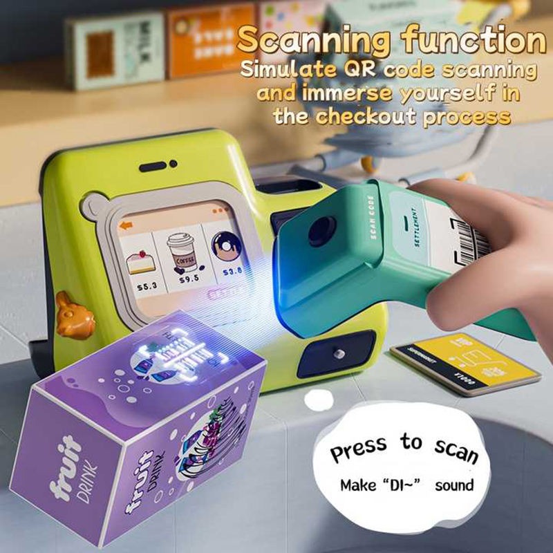 Fidtoy 3-in-1 Multifunctional Pretend Play House Cashier Coffee Set, Kids Plastic Coffee Maker Refrigerator Cashier Toy, Kitchen Shopping Role Play Set for Ages 3+