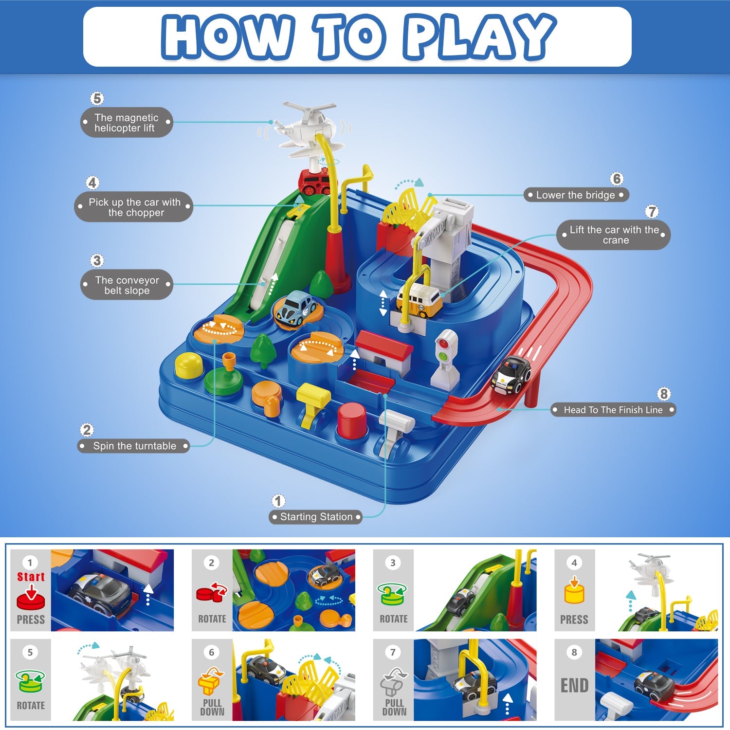 Fidtoy Piste d'Aventure pour Voitures avec 4 Mini-Voitures pour Enfants