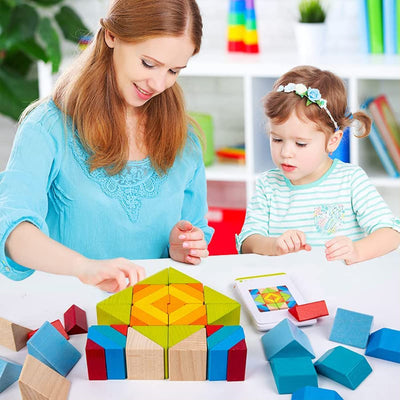 Fidtoy 3D Wooden Geometrical Arranging Mind Puzzle Challenge, 48 Piece Wooden Geometry Stacking Blocks with Pattern Cards, Montessori Shape Sorting STEM Puzzle for Kids Ages 5+