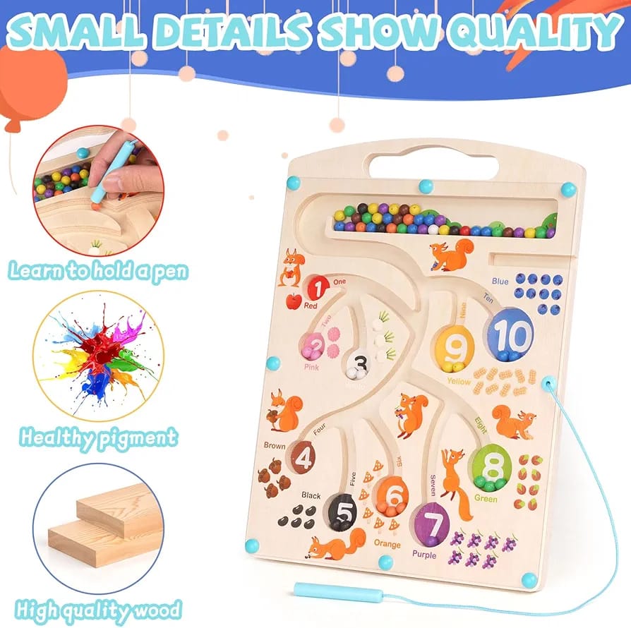 Fidtoy Wooden Magnetic Color and Number Maze Board Montessori Squirrel Bead Sorting Toy for Kids Ages 2 to 6